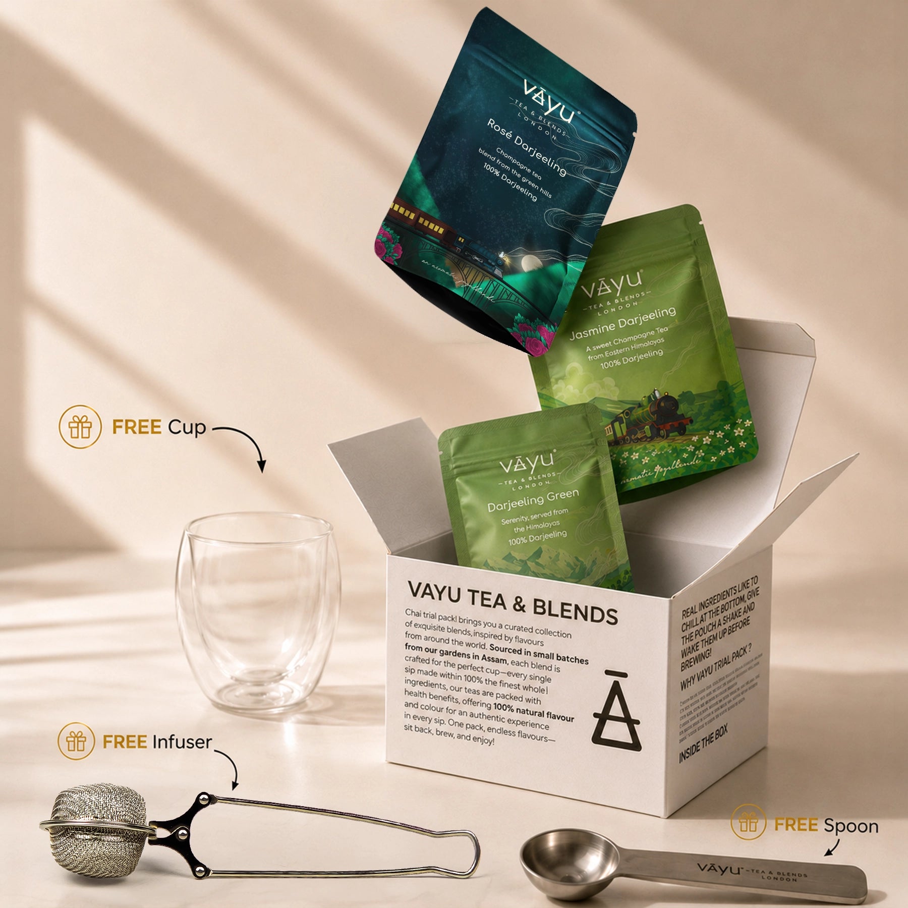 Vayu’s Darjeeling Tea Trial Pack with FREE Glass, Infuser and spoon (Loose Tea)